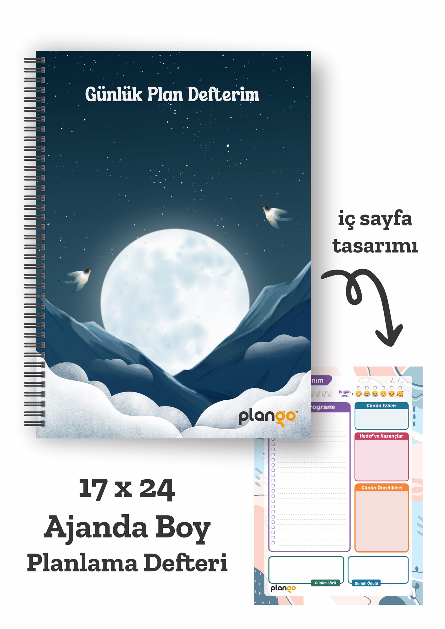 Ay ve Bulutlar Spiralli Günlük Planlama Defteri - 100 Sayfa - 17x24 Planlayıcı Defter