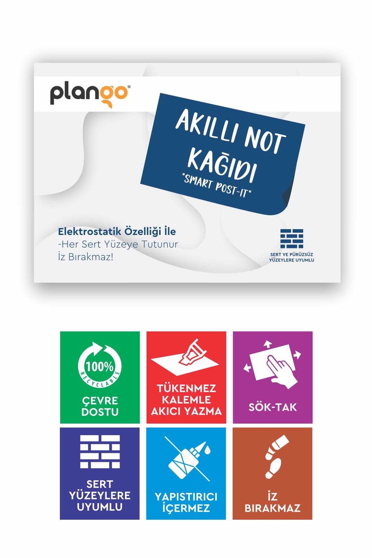 BEYAZ - Elektrostatik Akıllı Not Kağıdı Yapışkansız Post-it 7x10cm - 50 Sayfa - Plango