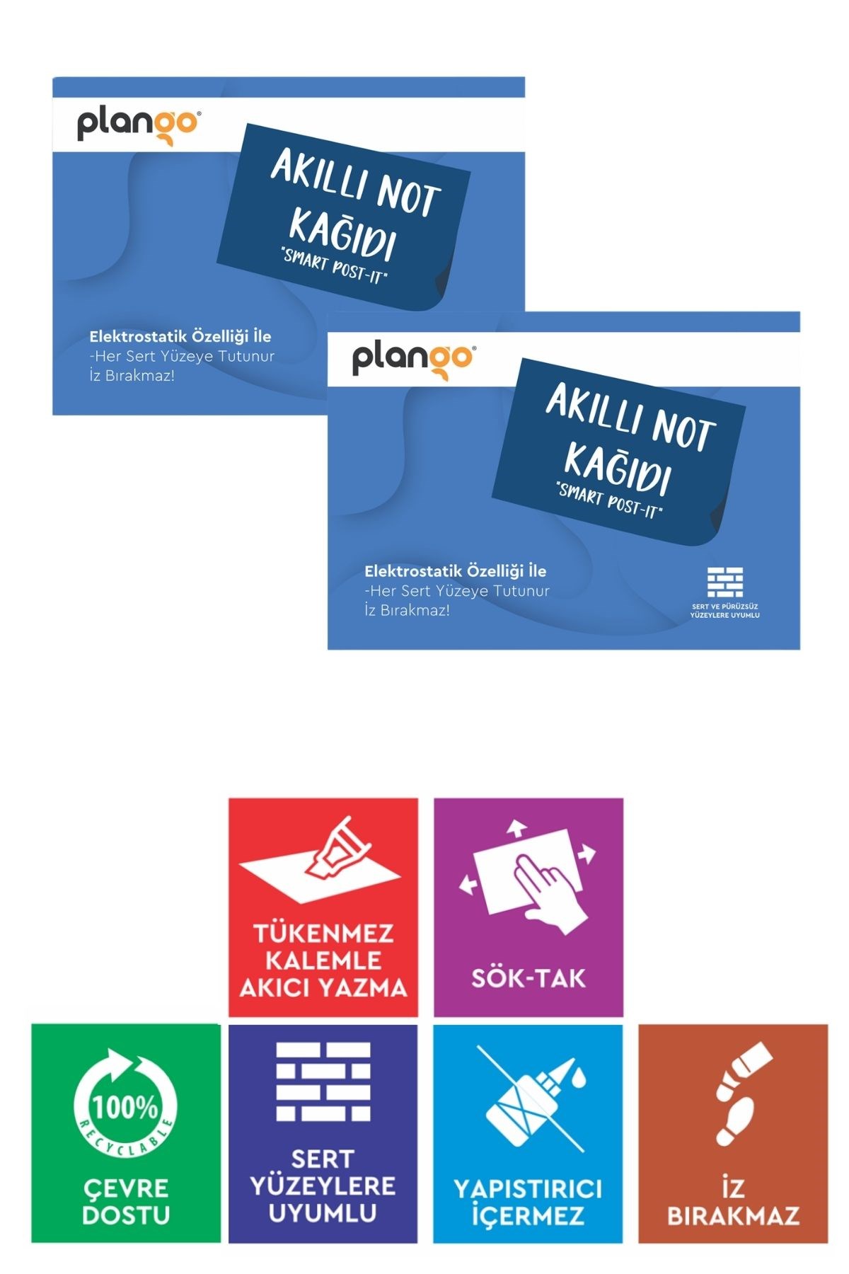 MAVİ - Elektrostatik Akıllı Not Kağıdı 2 ADET Yapışkansız Post-it 7x10cm - 100 Sayfa - Plango