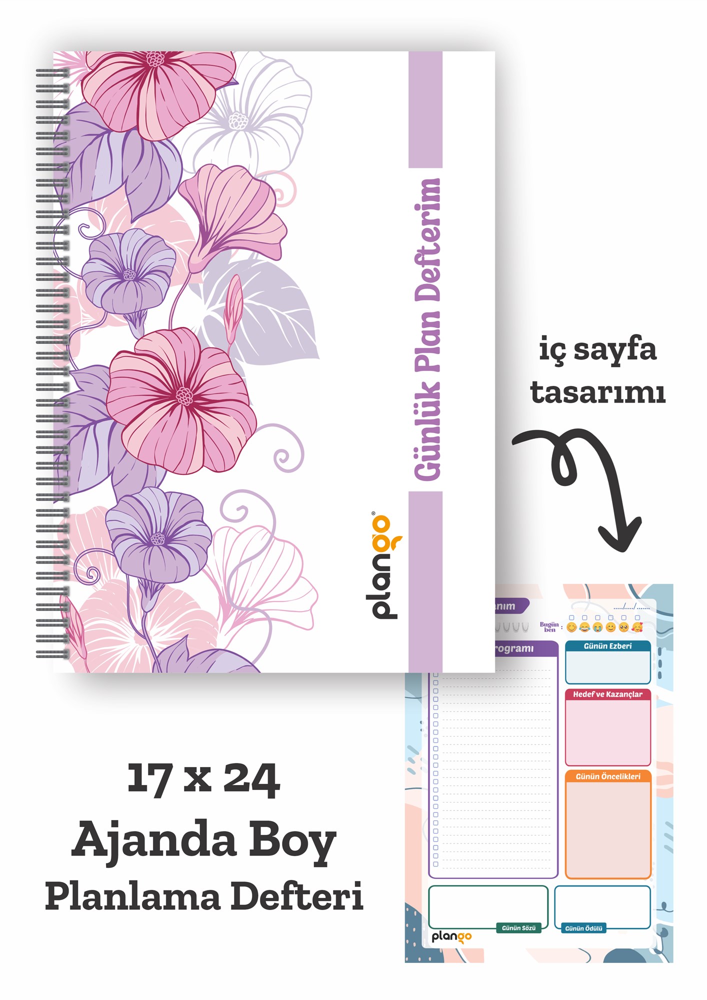 Mor Çiçekler Spiralli Günlük Planlama Defteri - 100 Sayfa - 17x24 Planlayıcı Defter