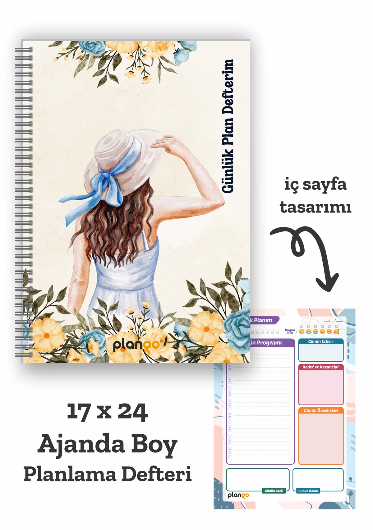Şapkalı Kadın Spiralli Günlük Planlama Defteri - 100 Sayfa - 17x24 Planlayıcı Defter