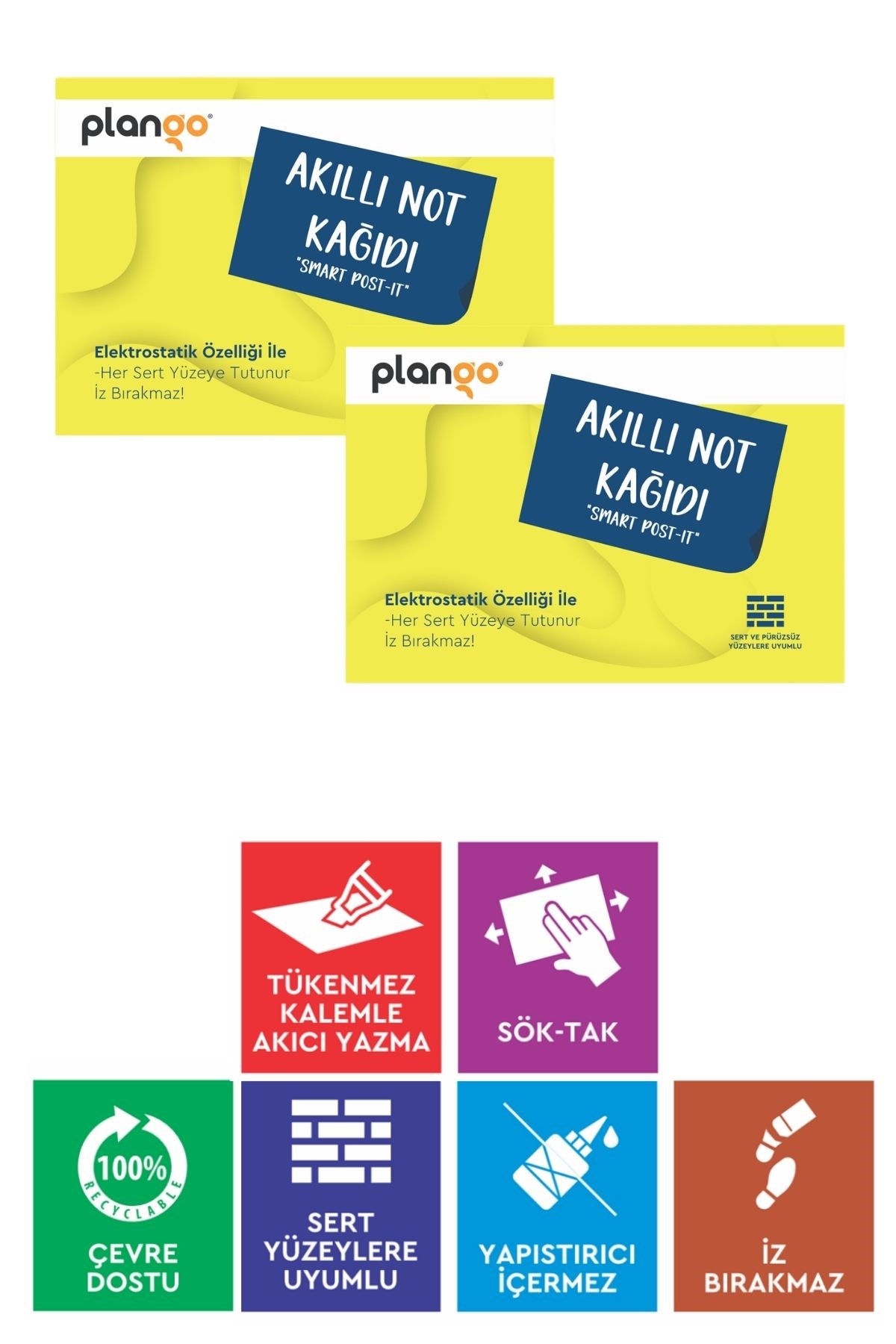 SARI - Elektrostatik Akıllı Not Kağıdı 2 ADET Yapışkansız Post-it 7x10cm - 100 Sayfa - Plango