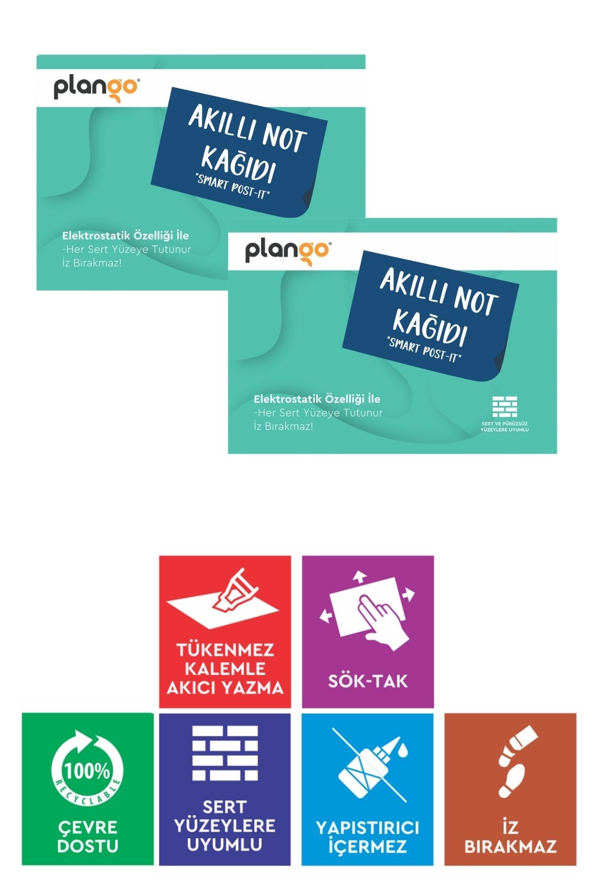 TURKUAZ - Elektrostatik Akıllı Not Kağıdı 2 ADET Yapışkansız Post-it 7x10cm - 100 Sayfa - Plango