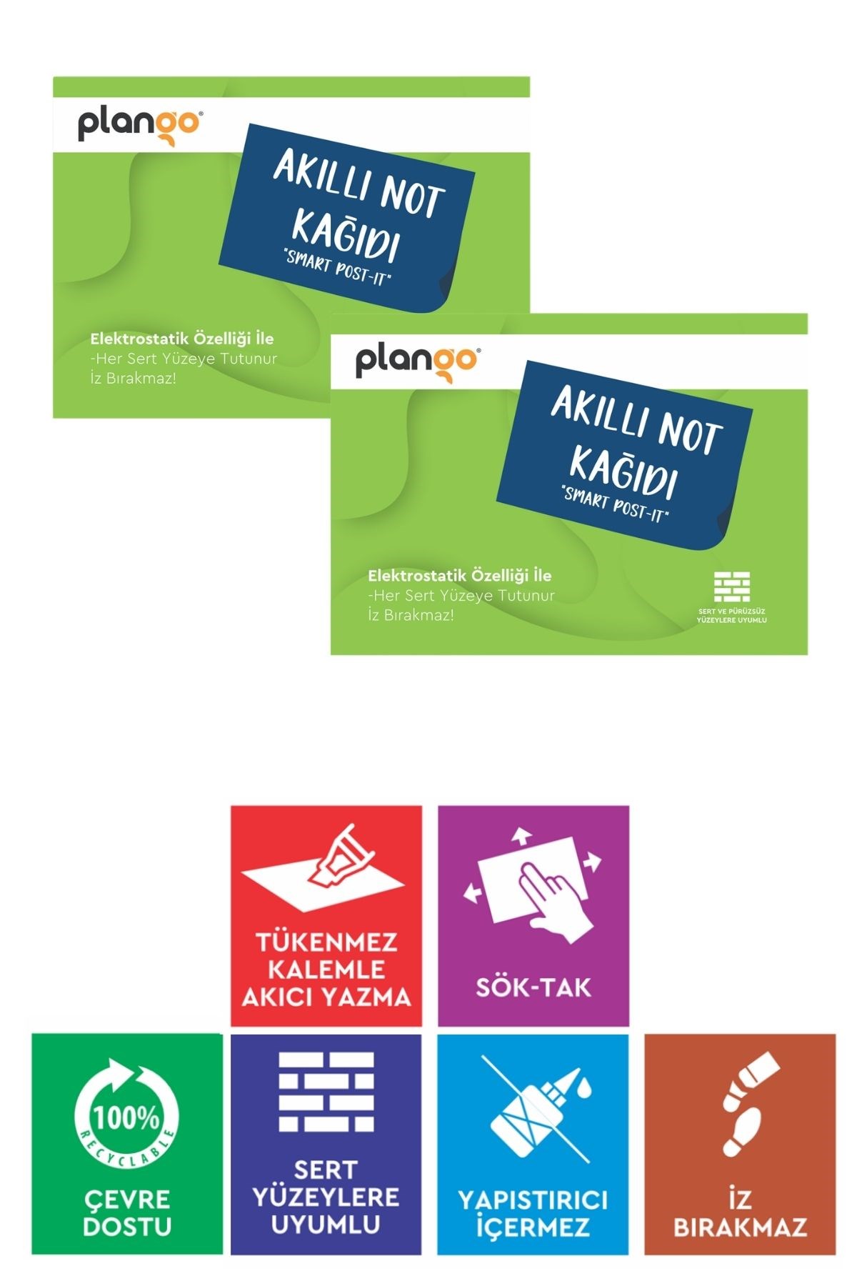 YEŞİL - Elektrostatik Akıllı Not Kağıdı 2 ADET Yapışkansız Post-it 7x10cm - 100 Sayfa - Plango