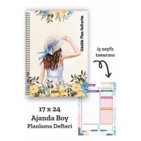 Şapkalı Kadın Spiralli Günlük Planlama Defteri - 100 Sayfa - 17x24 Planlayıcı Defter